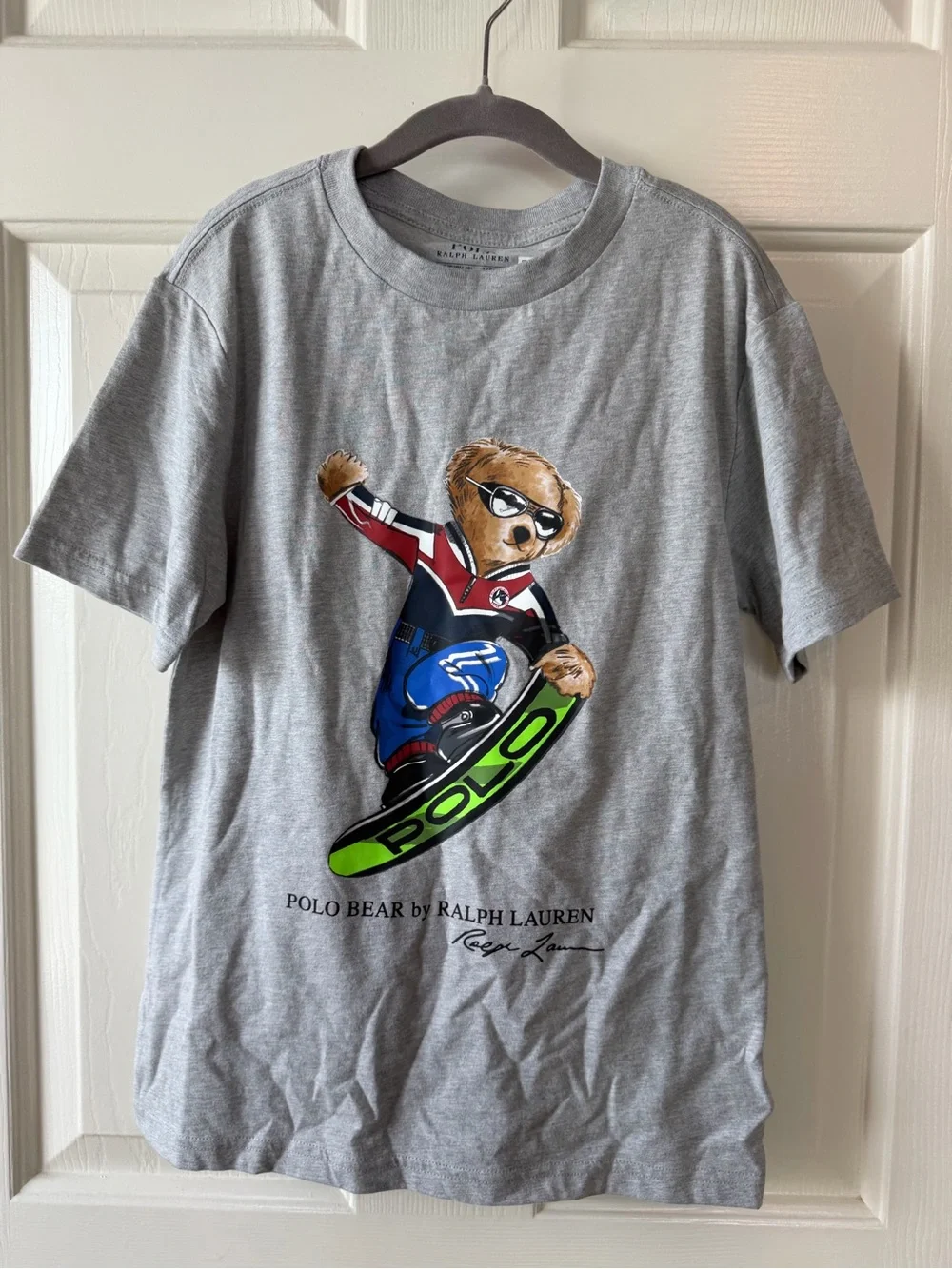 Boys Ralph Lauren Gray Polo Bear Snowboard Tee with Neon Green Snowboard Size S